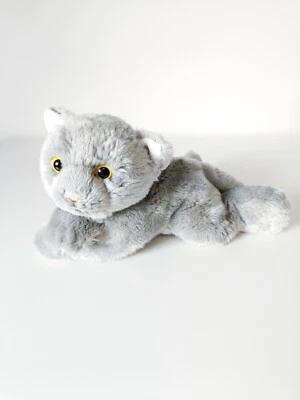 Peluche/Doudou Ancien Chat Gris Blanc Yeux Jaunes Nez Rose Allongé 30cm  Nicotoy - Photo 1/4