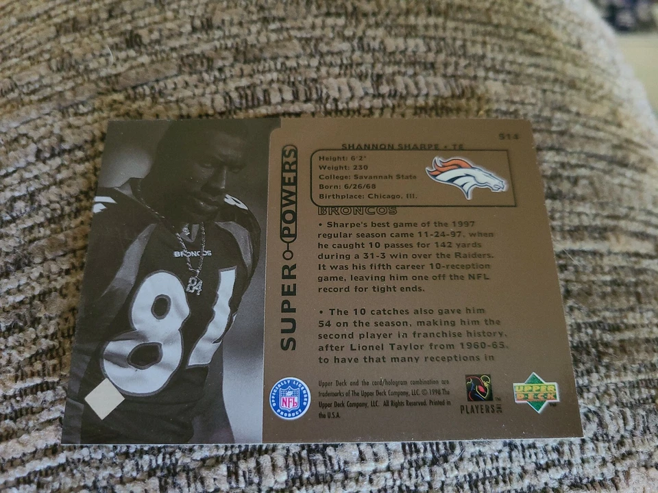 Shannon Sharpe 1998 Upperdeck Super Powers Football Card S14 Denver Broncos  - Image 2 of 2
