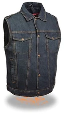 Men's BLUE Classic Snap Front Denim Vest with Shirt Collar & Gun Pockets