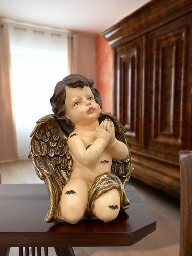 Scultura angelo orante putto figura pietra artificiale 26 cm stile antico - Foto 2 di 5