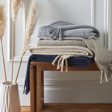 Cream Hayden Basket Weave Textured Modern Recycled Cotton Throw Blanket