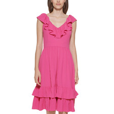 Calvin Klein Women Ruffled V-back Sleeveless Banded Waist Knee Length Dress Sz 2