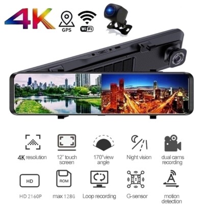 4K GPS WiFi 12'' Rearview Mirror Dash Cam HD Streaming Dual Lens Recorder