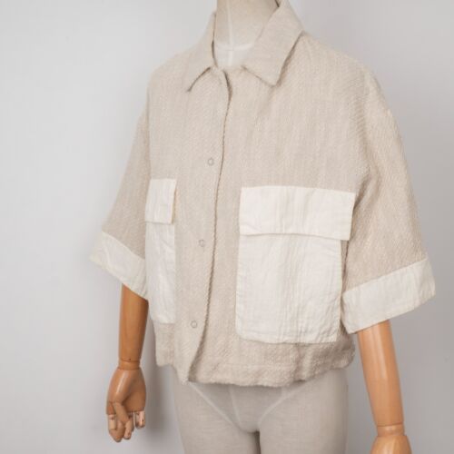 TRANSIT PAR SUCH Women's Lino Cotton Silk Buttons Summer Beige Crop Blazer 3 M/L - Picture 4 of 13