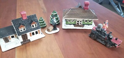 6 Piece - Mr. Ceramic Christmas Village 1980 Train Station, House & Trees 7.5''L