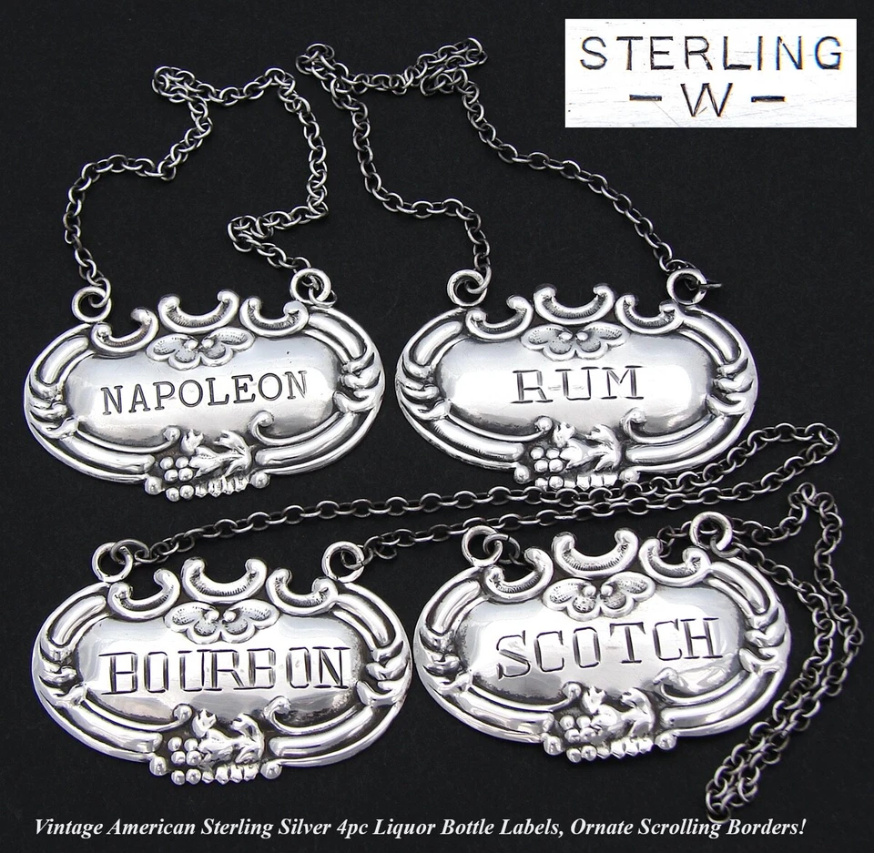 Etiquetas, etiquetas, tendrilos de desplazamiento vintage de botellas de licor de plata esterlina americana Foto 2 de 4