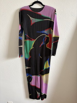 Issey Miyake Pleats Please Multi Color Figure Print Dress Sz 3