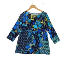 Susan Graver Floral Geometric Print 3/4 Sleeve Liquid Knit Blouse size Small Blu