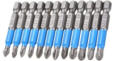 Screwdriver Bit Set Phillips & Pozidriv 12 Pieces 1/4 Inch PH1-PZ3 50 mm
