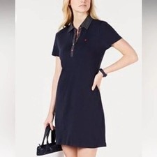 Tommy Hilfiger Contrast Button Polo Tennis Dress Navy Polka Dot L