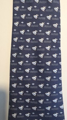Hermes 100% Silk Tie Blue with Pelican and fish Made in France Excellent