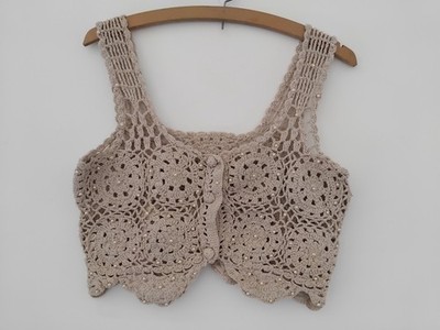 Vintage 90s Beige Brown Crochet Pearl Bead Cropped Festival Beach Vest Top | M