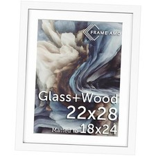 Solid Wood Poster Frame Mat for 18x24 Image, Tempered Glass Front, 22x28 White