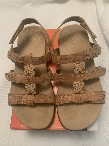 VIONIC Women's Strappy Cork Sandals Gold/Brown Buckle Wide US 7 EU 38 W/Box