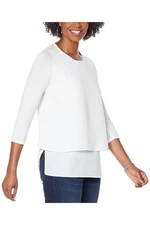 DG2 by Diane Gilman Women's Double Layer Mixed Sleeve Easy Tee White