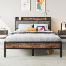 Full Size Bed Frame, Storage Headboard with Charging Station, Solid and Stable