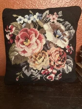 Vintage Embroidered Flower Pillow With Velvet Zippered Backing