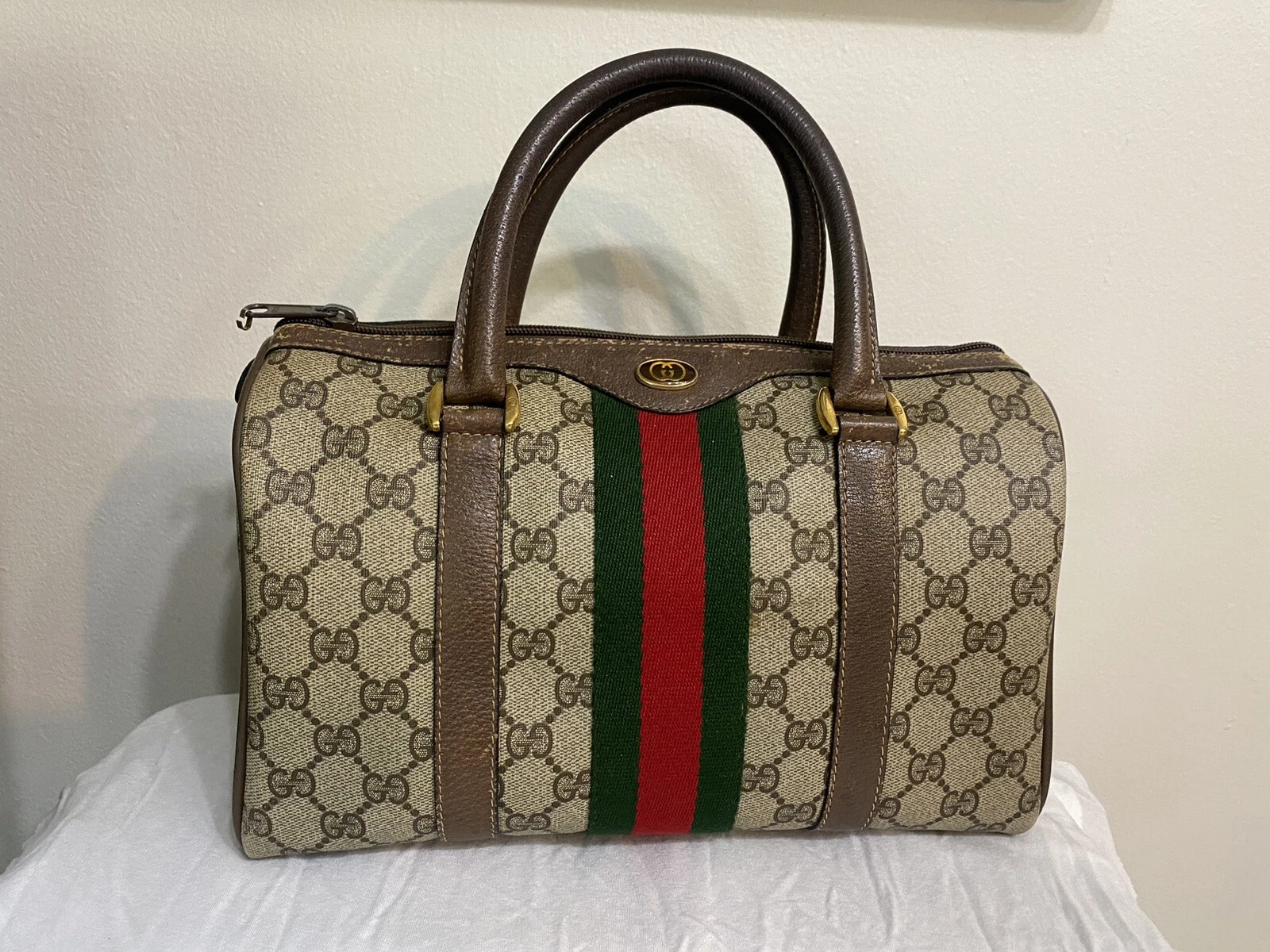 SAC BOSTON VINTAGE GUCCI SUPRÊME MARRON PVC GG LOGO RAPIDE AVEC SANGLE ROUGE VERT