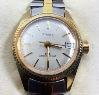 Timex Womens Watch Silver Gold Two Tone Date Manual Wind Vintage