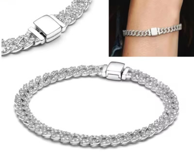 S925 Steriling Silver  Silver Classic Timeless Pavé Cuban Chain Bracelet