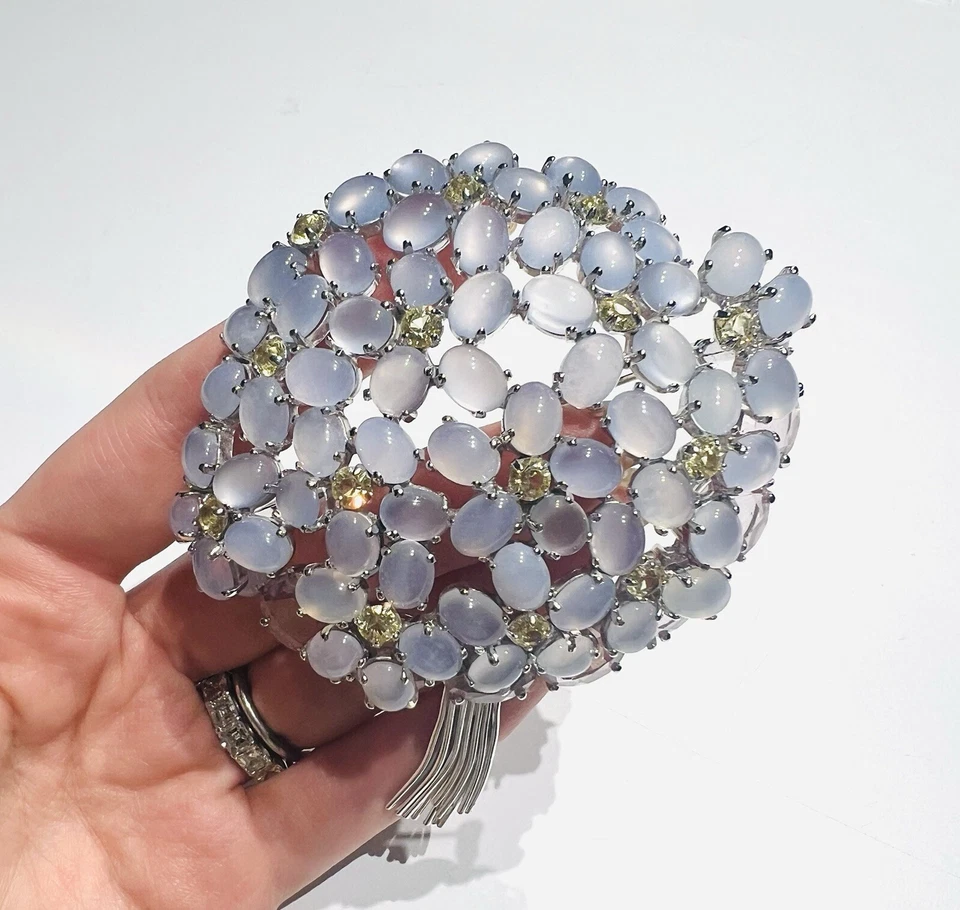 Broche flor grande de cristal amarillo púrpura de plata de ley Jarin