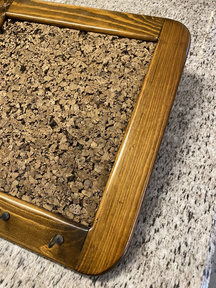 Antique Wood Display Board w/ Cork Board Mirror Hooks Storage Mail Bin - Image 3 of 4