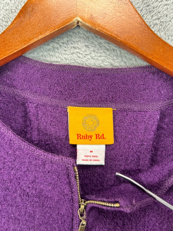 Womens Jackets Medium 100% Wool Purple Tweed 3D Floral Full Zip Coat Ruby Rd - Image 2 of 4