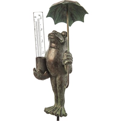 Durable Metal Frog Statue with Umbrella Glass Rain Gauge | Unique Garden Gift