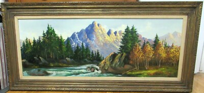 CARL ZELLER HUGE ORIGINAL OIL ON BOARD RIVER MOUNTAIN LANDSCAPE PAINTING