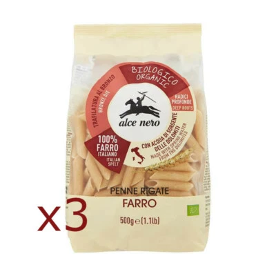 3x ALCE NERO PENNE RIGATE 100% SFARINATO DI FARRO COLTIVAZIONE BIOLOGICA 500gr