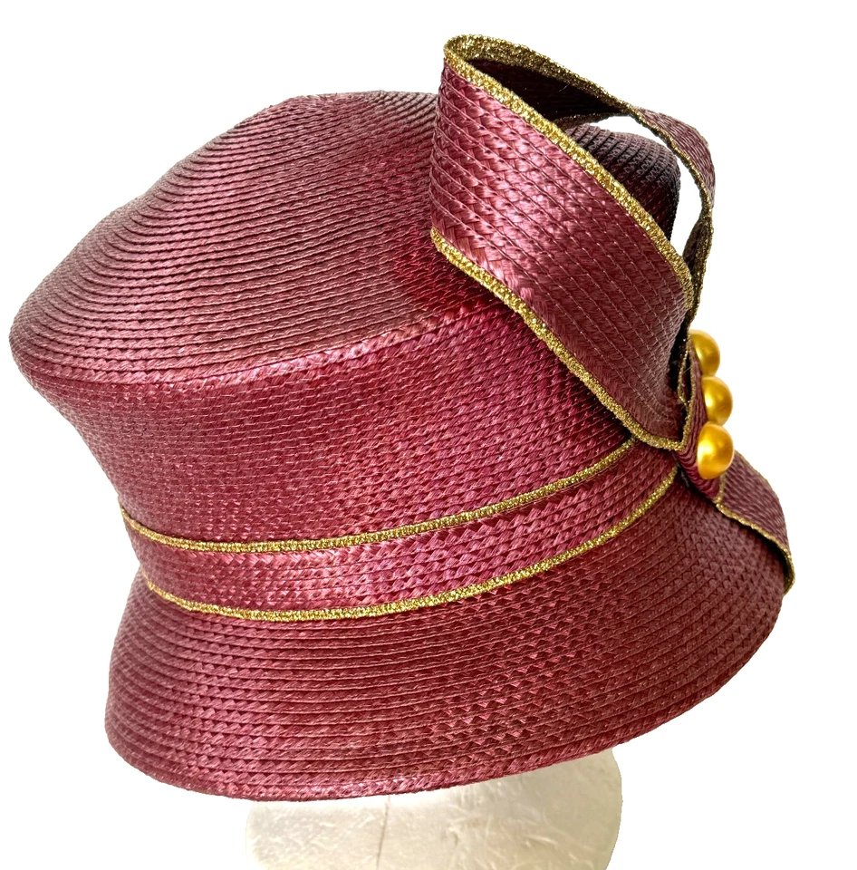 De Colección Sombrero Rojo Dorado Borde Talla M/57cm/22" Vestido de Iglesia Kentucky Derby Sombrero de Paja Foto 2 de 4