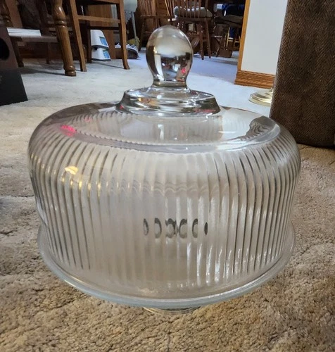 Vtg Anchor Hocking Monaco Clear Ribbed Glass Pedestal Cake Plate & Dome New