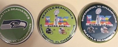 Seattle Seahawks Super Bowl Championship Buttons (3 inch, 3 designs in the set)