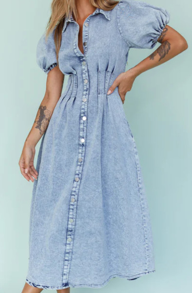 selfie leslie zurich pleated waist short sleeve denim blue midi dress size 14