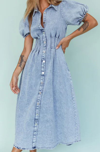 selfie leslie zurich pleated waist short sleeve denim blue midi dress size 14