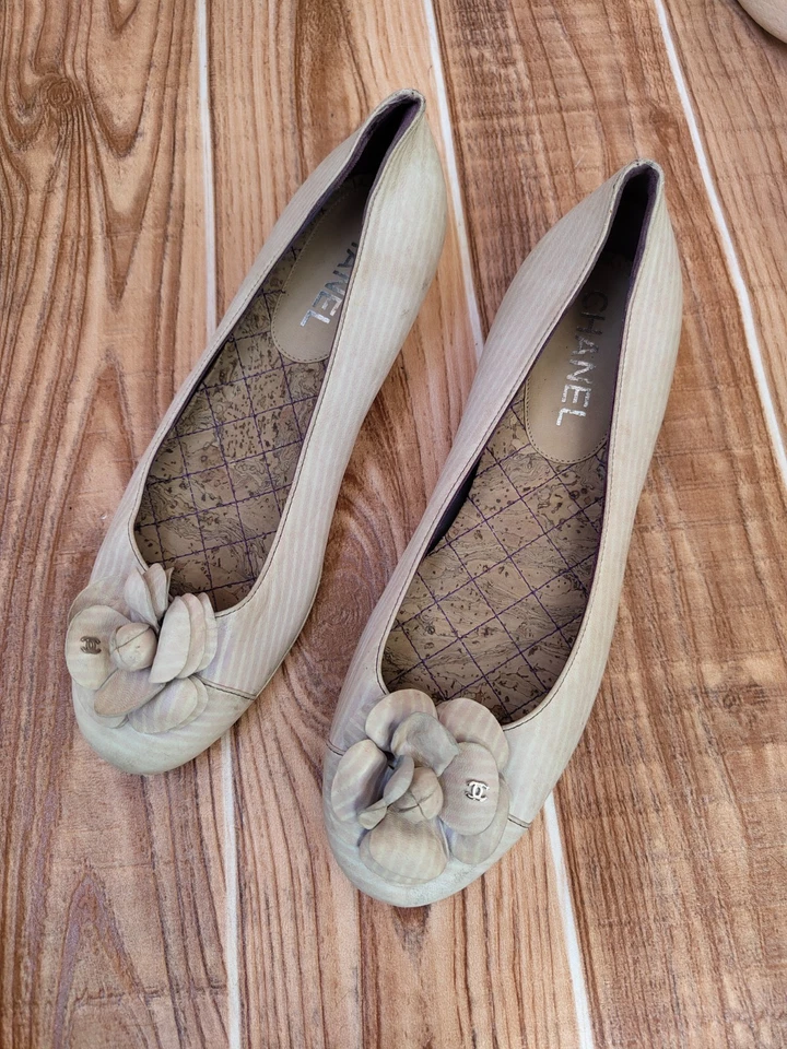 Bailarina plana Chanel de cuero a rayas cambón con lazo UE 36,5 EE. UU. 6 Foto 3 de 4