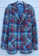 VTG 1970s Pendleton Wool Topster Jacket Red Blue Gray Plaid Size L 253