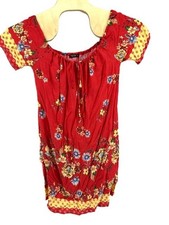 Red Floral Size 0XL 12 Large Boho Peasant Shift Dress Cottagecore Tie Neck