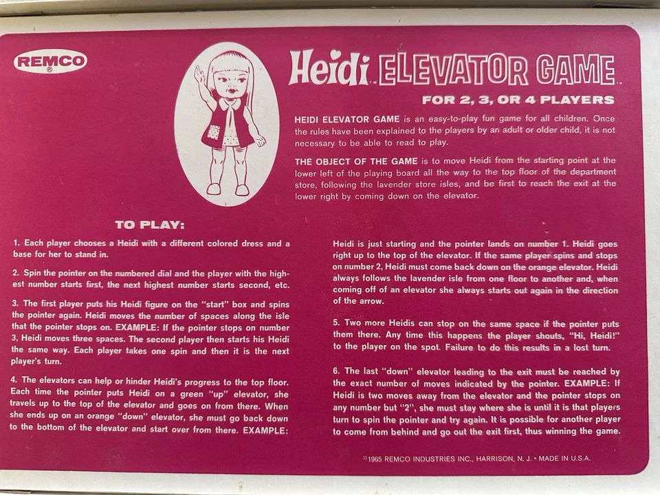 Vintage 1965 Heidi Elevator Game Remco Industries Board Game - Image 4 of 4