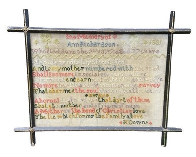 Antikes viktorianisches gerahmtes Trauermuster für Ann Richardson gestorben 1877