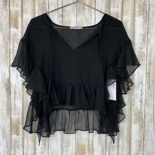 Bailey 44 Go With The Flow Ruffle Black Sheer Silk Crop Short Top XS NWT $188