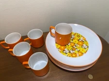 Vintage MCM Orange and Yellow Floral Snack Sets (5), Plates and Tea Cups
