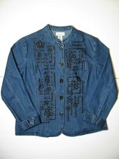 Hannah Women Medium Denim Cotton Embellished Sparkle Button Front Shirt Jacket