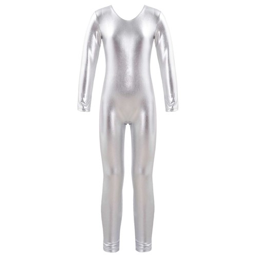 Girls Bodysuit Shiny Jumpsuit Metallic Leotard Sport Unitard Long Sleeves Jazz - Picture 8 of 70