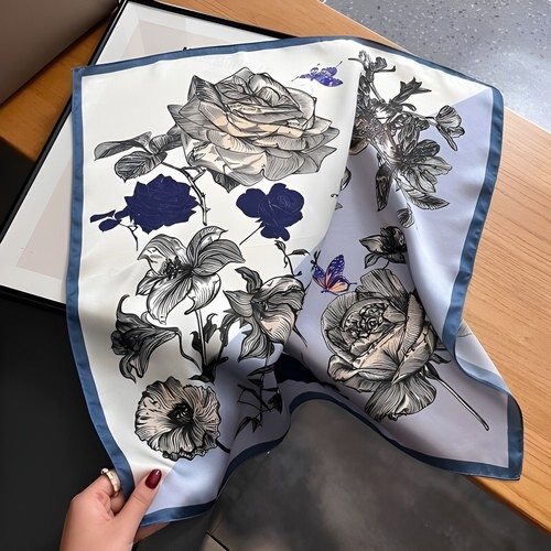Fazzoletto Quadrato In Seta 100% Donna Vintage Blu Con Fiori - 53x53 Cm