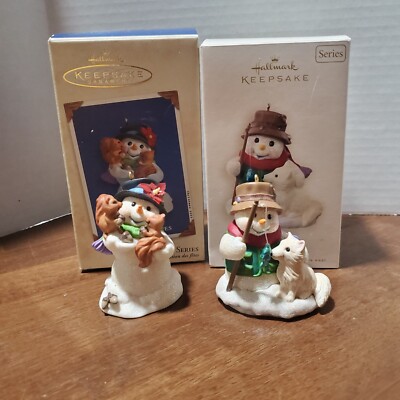 Hallmark Snow Buddies Ornament 2003/2008 Snowman With Fox Squirrels Set Of 2