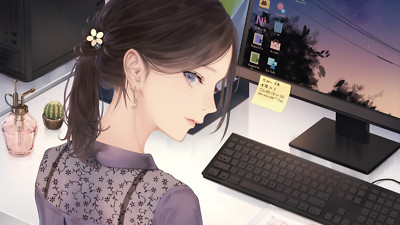 Anime girls 2d computer looking back brunette nenya Play Gaming Mat Desk