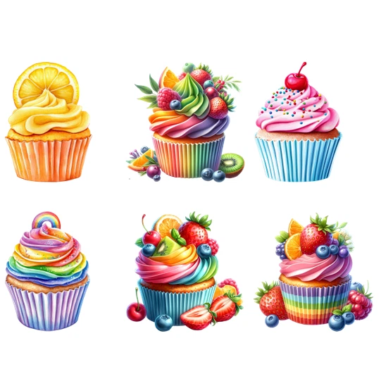 MARKENLOS Bügelbild Bügelmotiv Cupcake Muffin Obst Früchte Kuchen verschiedene Größen