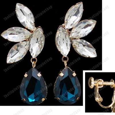 CLIP ON screw CRYSTAL teardrop DROP EARRINGS gold plated GLASS rhinestone CLIPS - Image 1 of 4