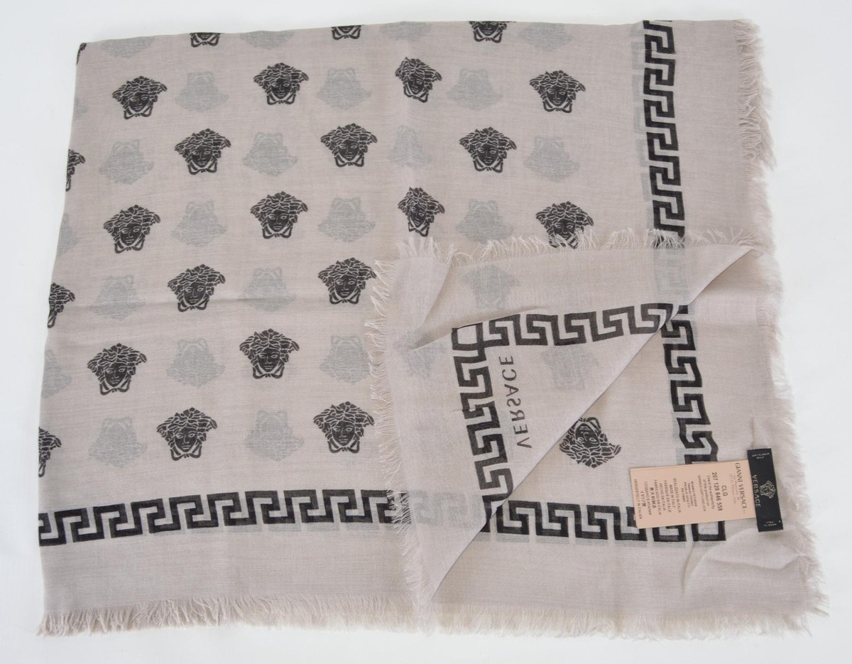 NEW Versace $350 Beige Black Modal Silk MEDUSA HEAD Greek Key